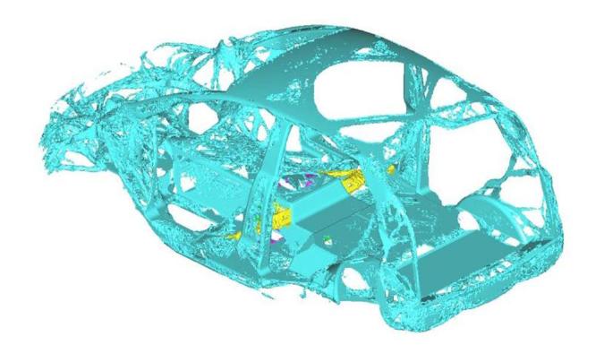 Topology optimisation, one of many steps in the
state-of-the-future design methodology, eliminates non load-bearing 
elements, revealing optimal load paths. Shown is the 10% mass fraction,
that is, 90% of the structure was removed.