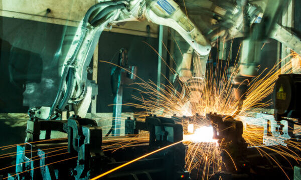 Industrial robotic arms performing high-precision welding on a metal part in a modern factory setting.