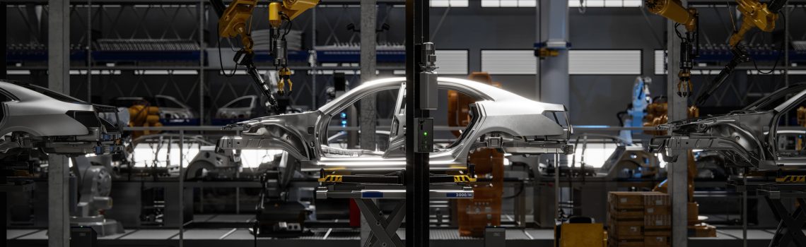 Car on robotic welding line. Automated production line in a car plant. 3d Rendering,