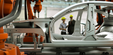 Partial view of a steel body in white in an automotive plant