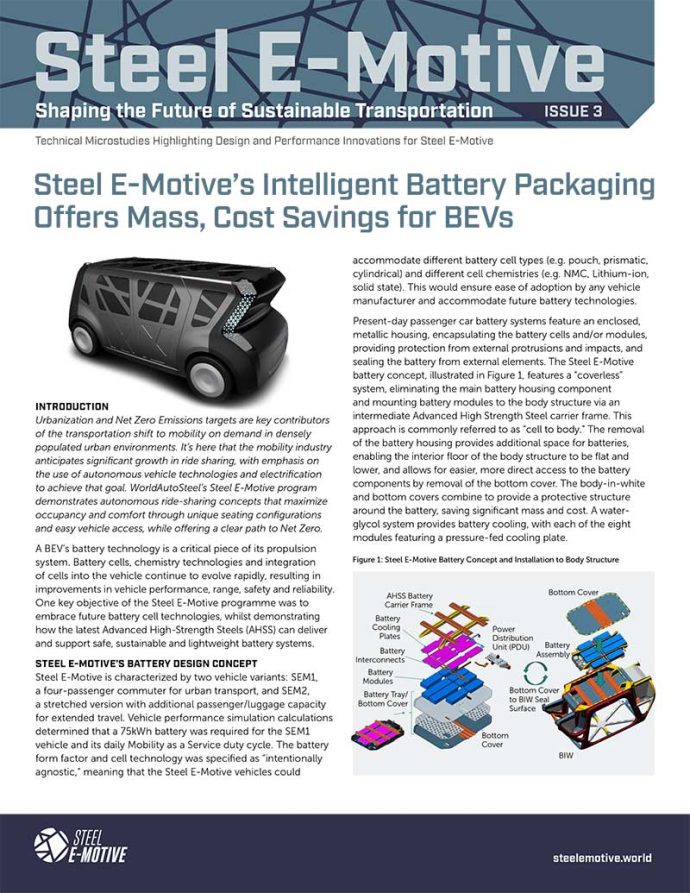 Cover Image of Steel E-Motive Microstudy Issues 3 focused on Battery Packaging of the concept vehicle