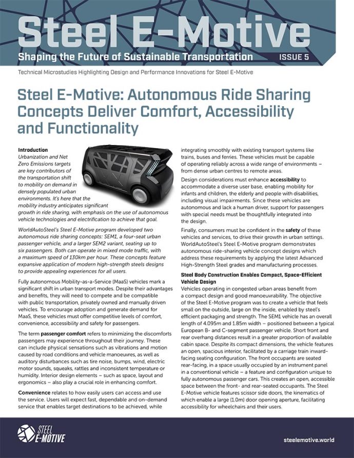 Cover image of Steel E-Motive Microstudy Issue 5 focused on comfort and accessiblility of the concept vehicle design