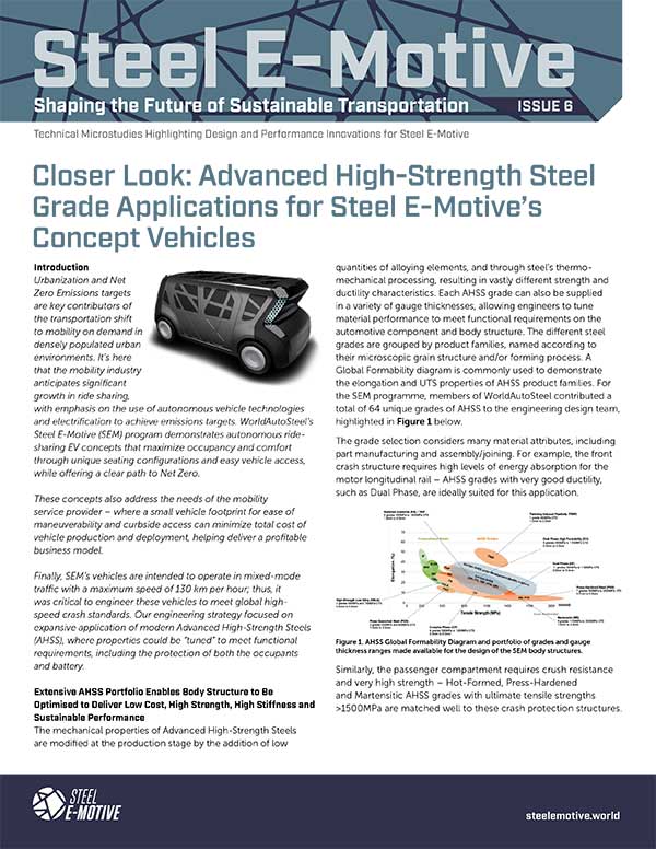 Cover image of Steel E-Motive microstudy issue 6 focused on advanced high-strength steel applications used in the vehicle concept design.